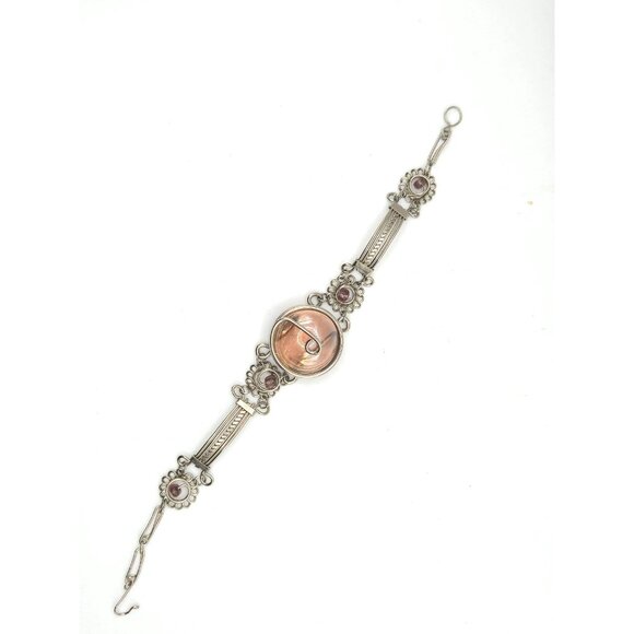 Vintage Silver Tone Bracelet w/ Large Amber Glass Cabochon Purple Glass Accents - Picture 6 of 6